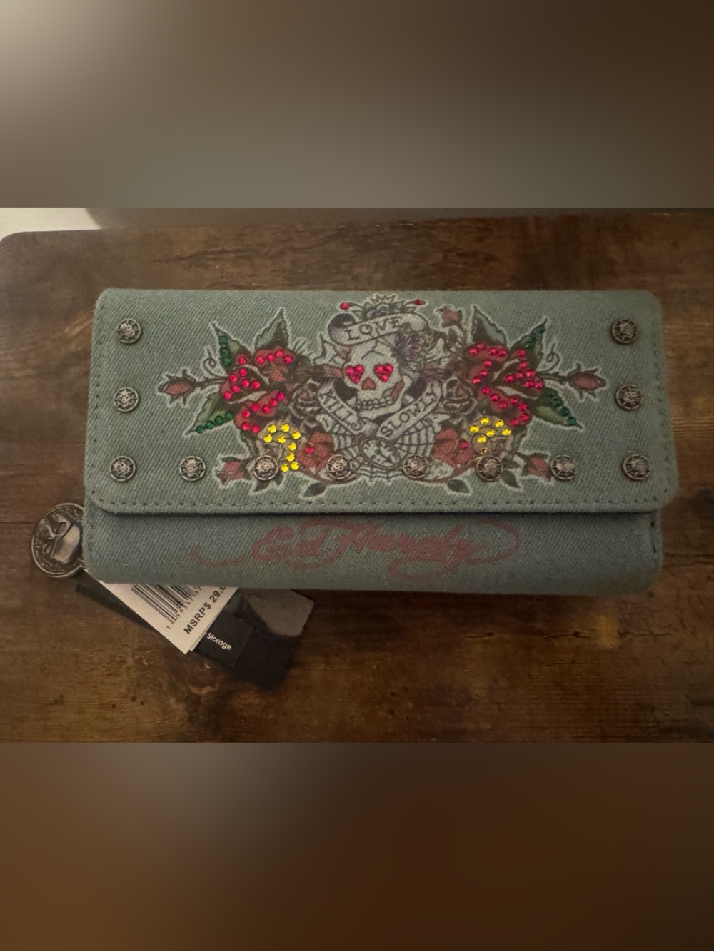 Ed Hardy Embellished Floral Rhinestone Wallet